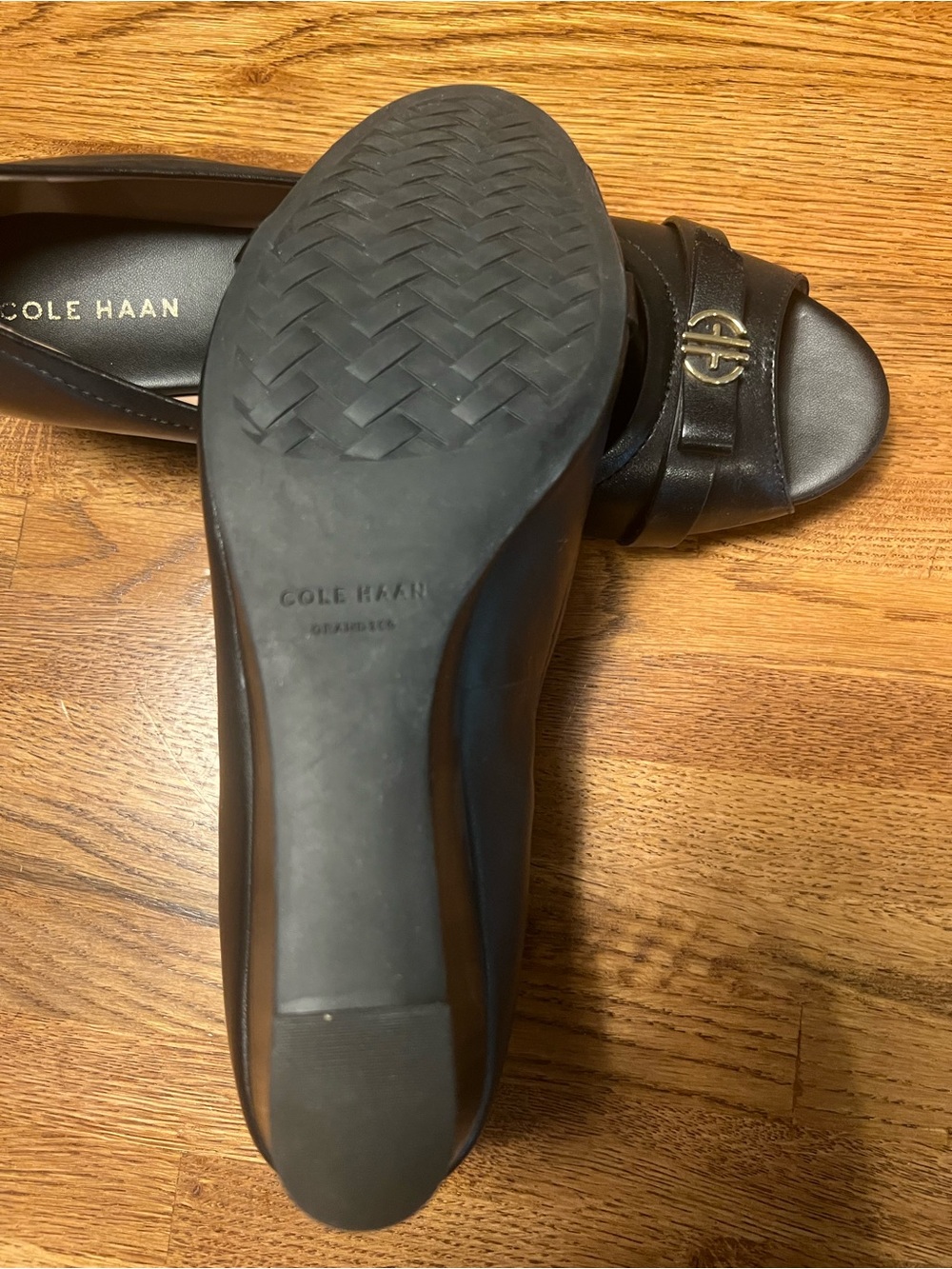 Cole Haan Black Peep-Toe Heels with Gold Logo Accent - Picture 4 of 6